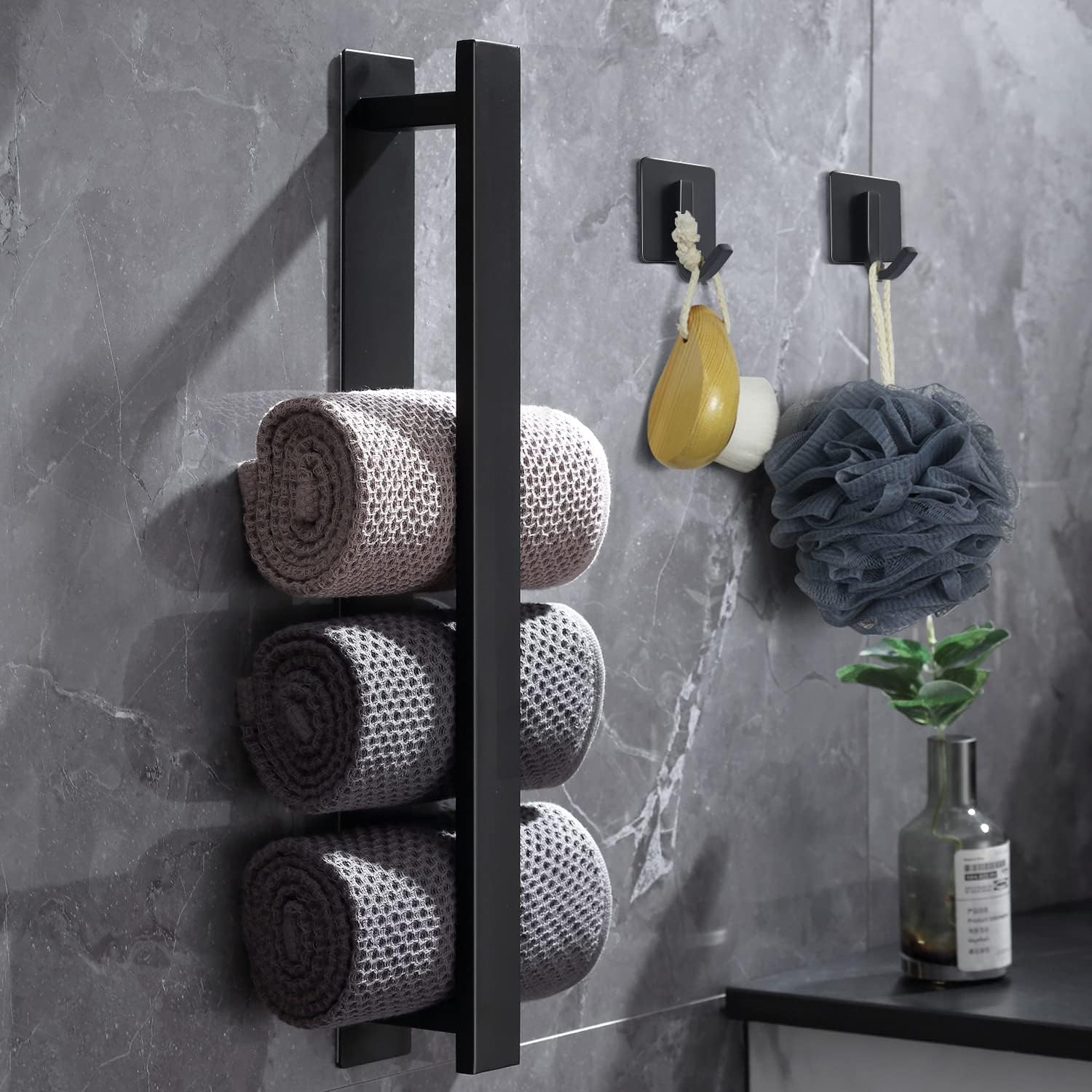 Suport prosoape din otel inoxidabil, negru, 40x6.1x4.5cm, cu 2 carlige ...