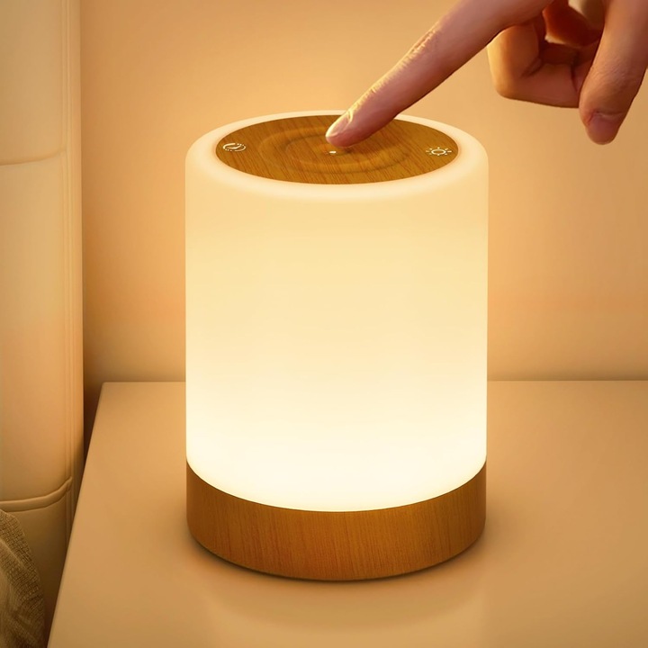 Нощна лампа / LED нощна лампа TRS, с 256 цвята, тъч контрол, регулиране на интензитета и таймер 120 мин, USB зареждане, Бяло/дърво, 1 бр.