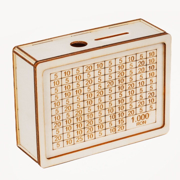 Fából készült takarékdoboz – vegyes értékekkel (összesen 1.000 RON)