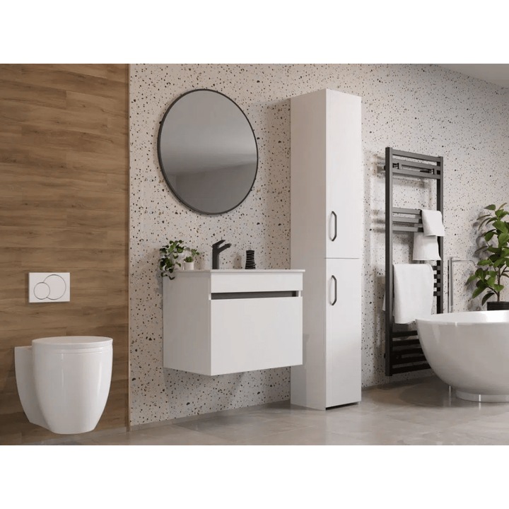 Set Complet Baie Laguna Albio C13, Masca, Chiuveta Ceramica, Baterie Neagra, Dulap Inalt 32cm, Oglinda 60cm