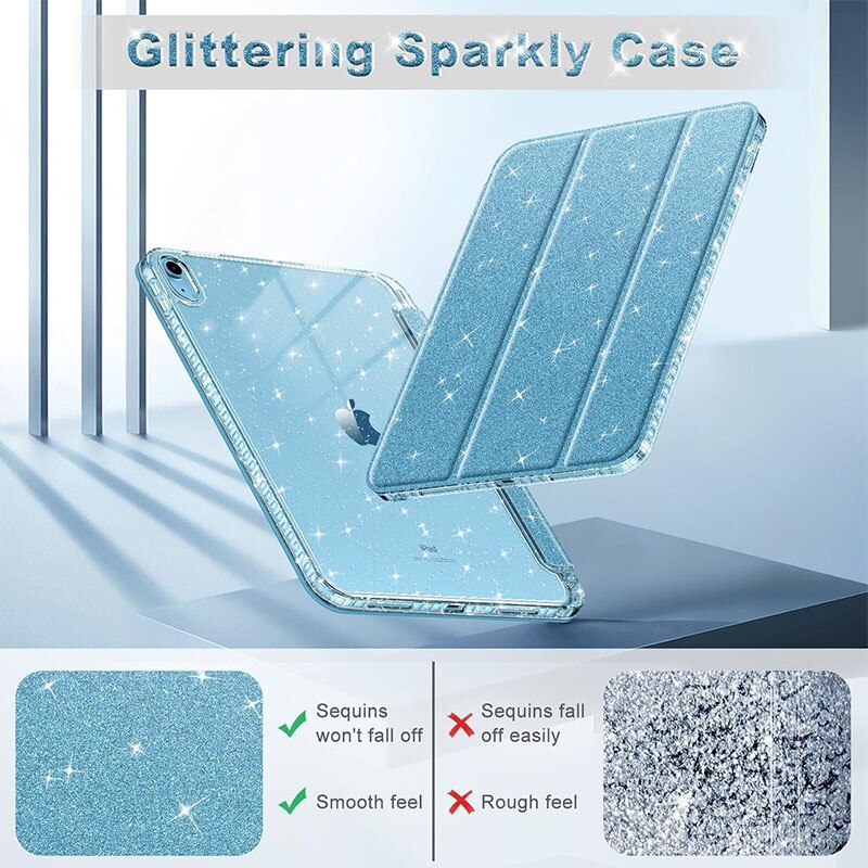 Husa tableta Herusi iPad 10.9 inch albastru glitter cu suport creion si stand