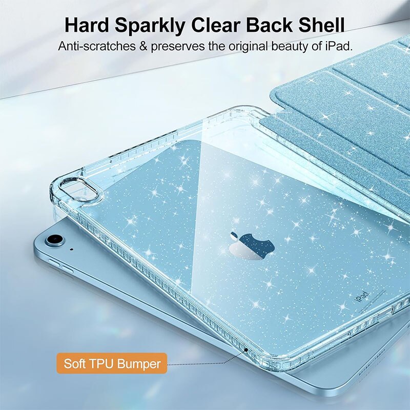 Husa tableta Herusi iPad 10.9 inch albastru glitter cu suport creion si stand
