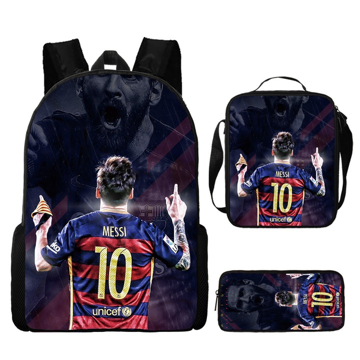 Messi mintás iskolatáska szett gyerekeknek, 42x29x12cm, többszínű