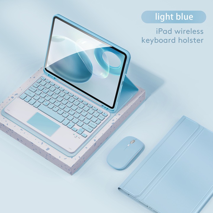 Bluetooth клавиатура HERUSI с PU калъф и синя мишка за iPad 10.9 2022