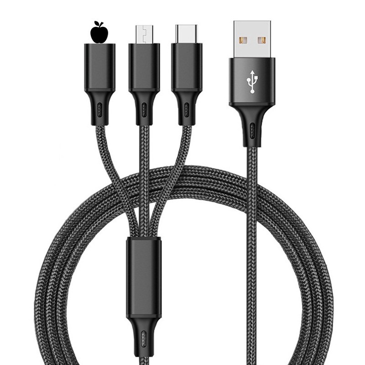 Cablu date HERUSI 3 in 1, incarcare rapida, negru, 2.8A, 1.2m