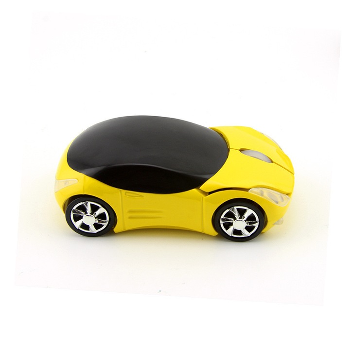 Mouse wireless model Ferrari, design 3D, galben, compact