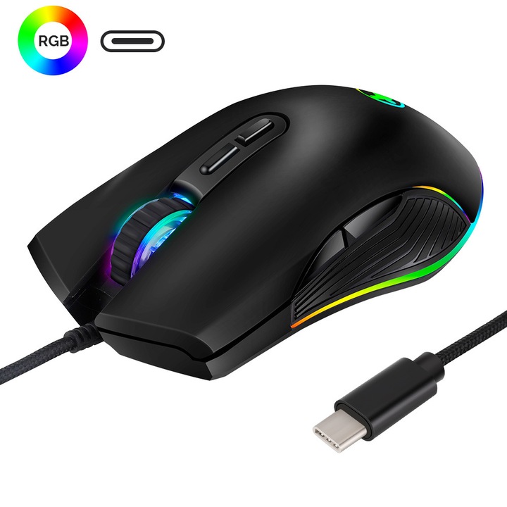 Mouse ergonomic HERUSI Type-C RGB negru 12.5x7x4cm cablu 1.8m
