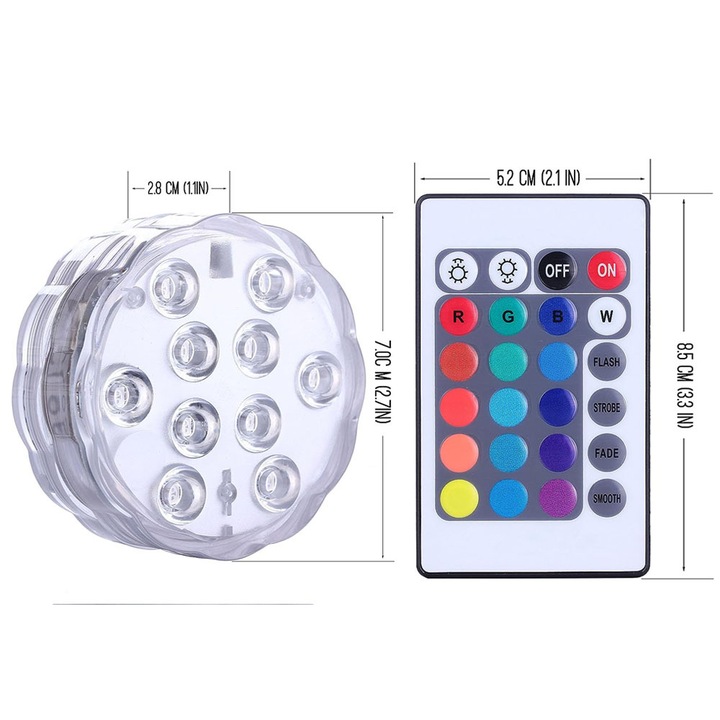 Lumina subacvatica HERUSI RGB 13 LED, reincarcabila USB, telecomanda RF, impermeabila IP68, multicolor, 1000mAh