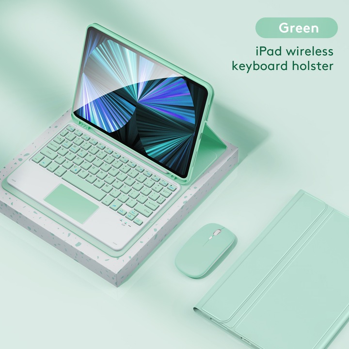 Bluetooth клавиатура HERUSI с PU калъф и зелена мишка за iPad 10.9 2022