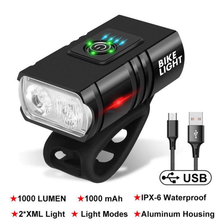Lumina bicicleta HERUSI T6 indicator baterie USB incarcare reglabil