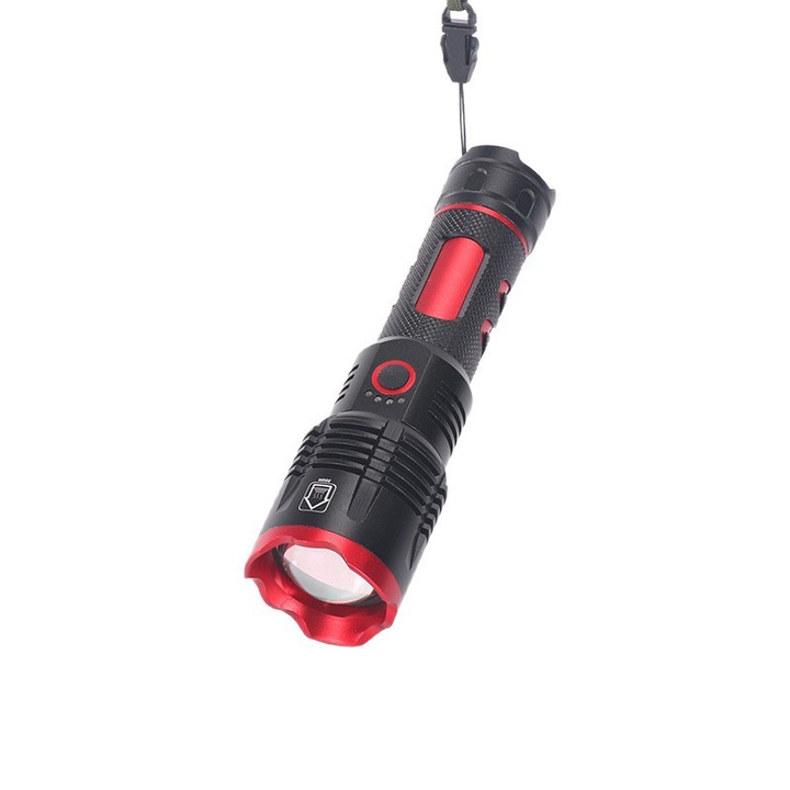 Lanterna portabila HERUSI aluminiu, laser alb, 26650 Li-ion, 3 moduri, USB Type-C, 18x5cm