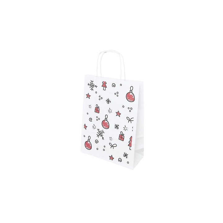 Set 50 bucati Pungi Hartie Model 12 Craciun, 18 x 24 x 7cm, kraft Alb