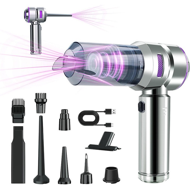 Aspirator auto portabil 4 in 1, 16.000 Pa, 100W, 3 baterii 2000 mAh, multicolor