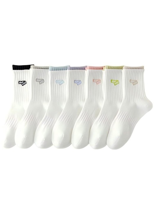 Un set de 7 perechi de sosete, sosete din bumbac pentru femei Omelivon®, Design special al mansetei sosetei, respirabile si confortabile, potrivite pentru sport, timp liber, afaceri, Alb