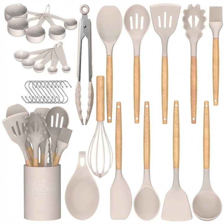 Set de Ustensile de Bucatarie din Silicon, 33 de Piese, cu Suport, Materiale din Lemn si Silicon, Grad Alimentar Rezistent la Caldura, Potrivite pentru Vase Antiaderente, Manere din Lemn, Fara BPA, Ideal pentru Cadou, Culoare Khaki