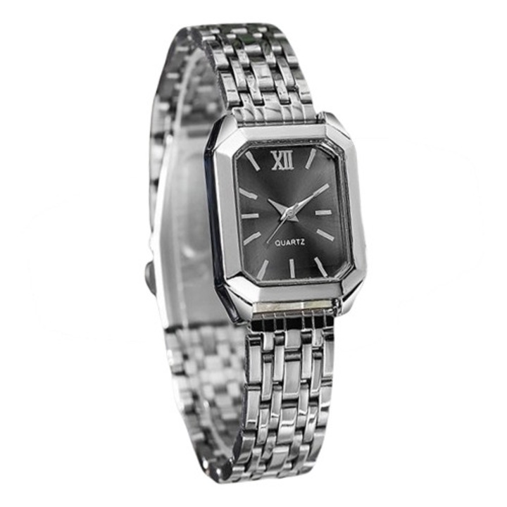 Ceas dama GSFRQWH, curea din inox, cadran negru, mecanism quartz