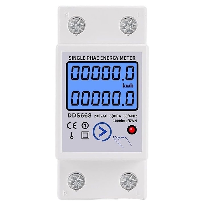 Contor Monofazat pe Sina DIN, Rqiurpn, display LCD, cu Resetare Zero, Masurare a Energiei kWh, Tensiune, Curent, Consum de Putere, Wattmetru, 220V AC 50Hz, 5(80)A ecran cu lumina
