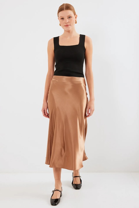 Fusta Midi Elastica A-Forma HiCCUP, Maro, Satin