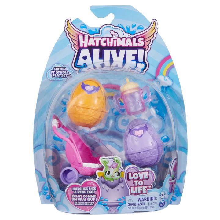 Set figurine Hatchimals Alive, 2 personaje, oua surpriză, carucior, accesorii
