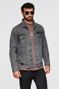 OMBRE, Jacheta din denim cu buzunare frontale, Gri inchis, 2XL