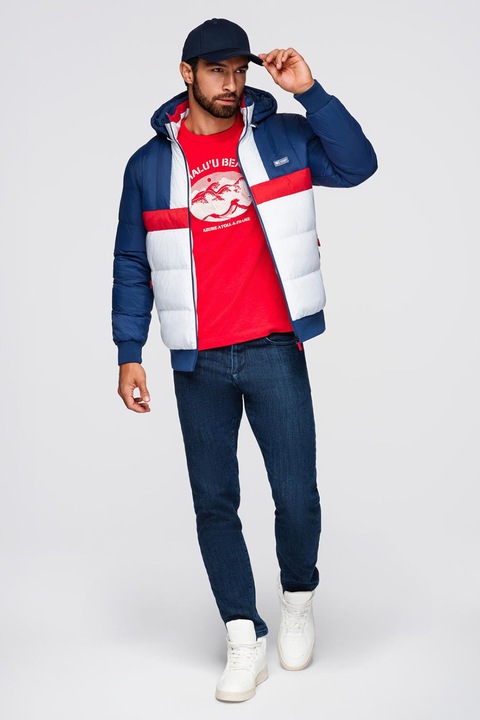 OMBRE, Geaca cu gluga si model colorblock, Rosu/Alb/Albastru royal