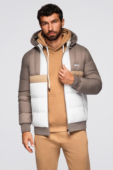 OMBRE, Geaca cu gluga si model colorblock, Alb/Maro taupe/Bej