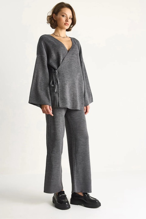 Costum dama, Bianco Lucci, bluza cu cravata la doua randuri si pantaloni largi, gri carbune, textil, S-M INTL