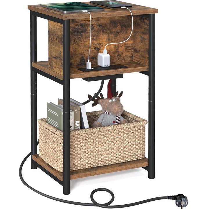 Нощно шкафче с контакт KD Home® NeoDock, 60 x 35 x 30, с 2 контакта, 2 x USB, функция масичка за кафе, метална рамка, кафяво