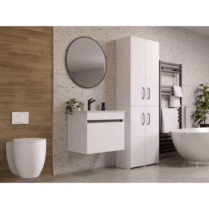 Set mobilier Baie Laguna Albio C14, Alb/Negru, 65x43x50.6cm, 32x30x190.9cm, 60x3.5cm