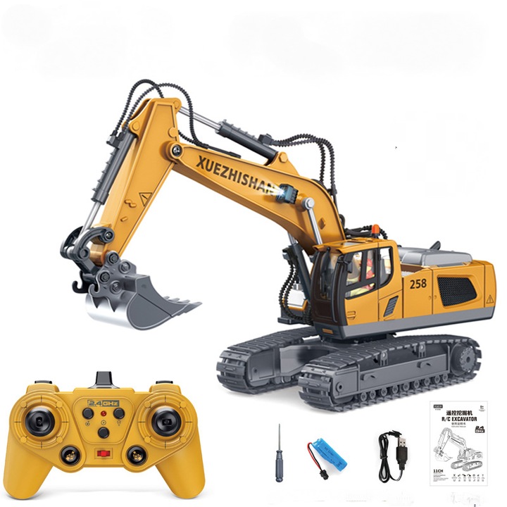 Играчка багер с дистанционно управление, 1:20, 11 канала, LED светлини, жълт