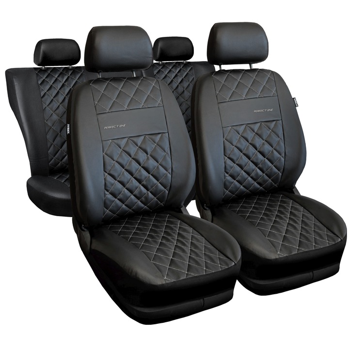 Set Huse Auto Universale din 9 Piese, Piele Ecologica, Model Perfect Line, Culoare Argintiu, Compatibile cu Scaune cu Airbag