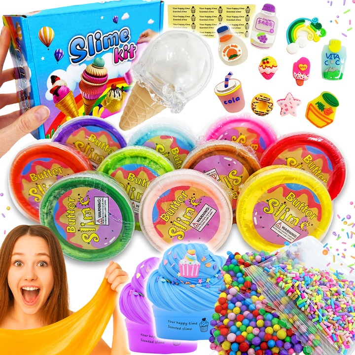 Set creativ slime cu 10 bucati, Pixel, culori variate, accesorii cu margele, forma de inghetata