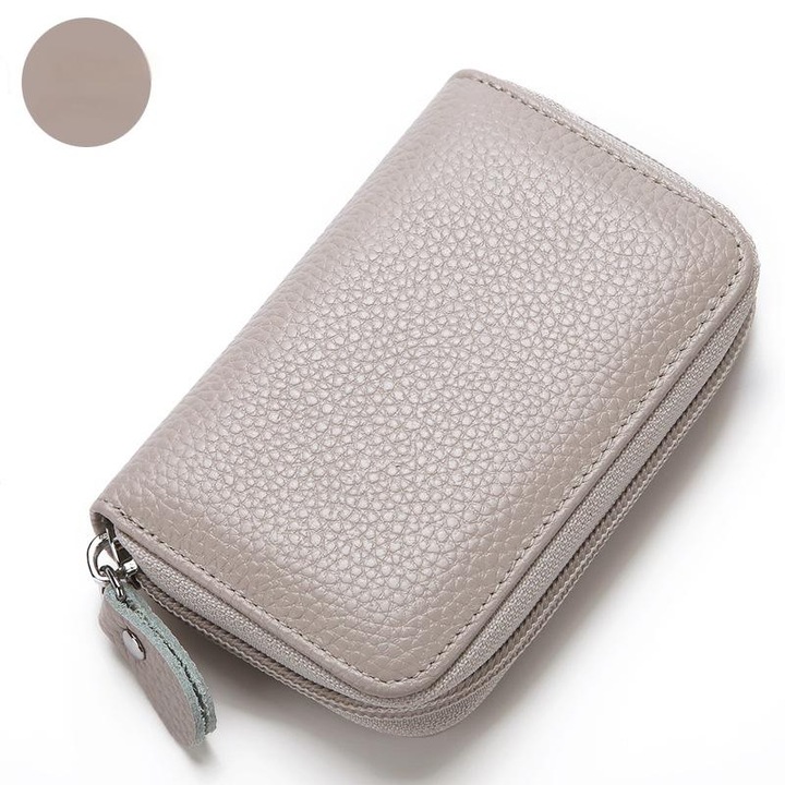 Portofel dama, gri deschis, piele naturala, universal, cu protectie RFID