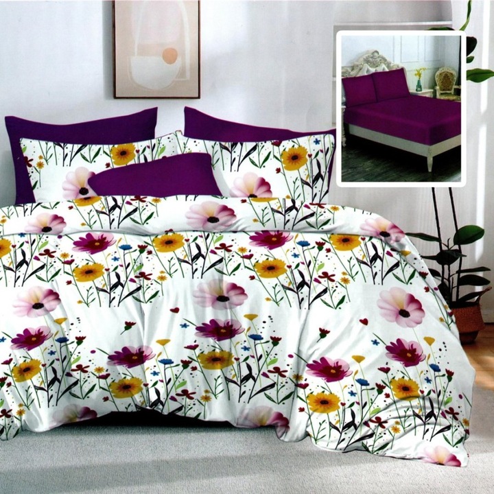 Lenjerie pat dublu din finet cu flori galbene mov, cearceaf pat cu elastic 180x200cm, 6 piese, Lenjerii Deosebite