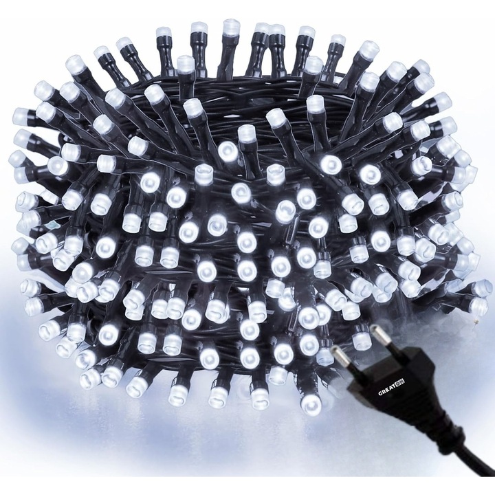 Instalatie GREATON De Craciun Liniara Led, 30 M, 300 LED-uri Mari Sidefate, 8 jocuri De Lumini, Exterior/Interior, Brad, Foisor, Interconectabila, Fir Verde Inchis, Culoare Alb Rece