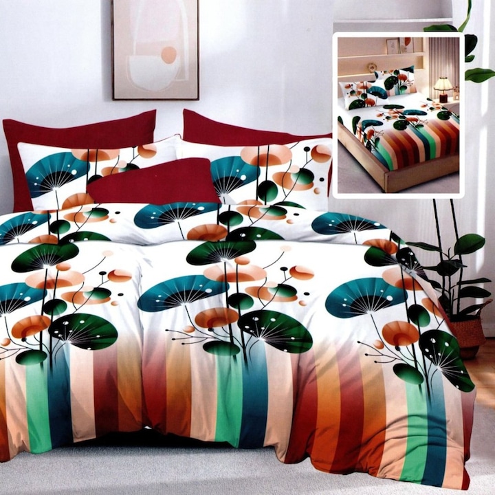 Lenjerie pat dublu din finet cu frunze colorate, cearceaf pat cu elastic 180x200cm, 6 piese, Lenjerii Deosebite