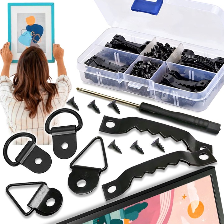 Set 251 elemente pentru agatat tablouri, Pixel, metal rezistent la rugina, negru