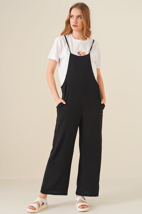 Salopete dama, HiCCUP, Relaxed Fit Wide Leg, negru, textil