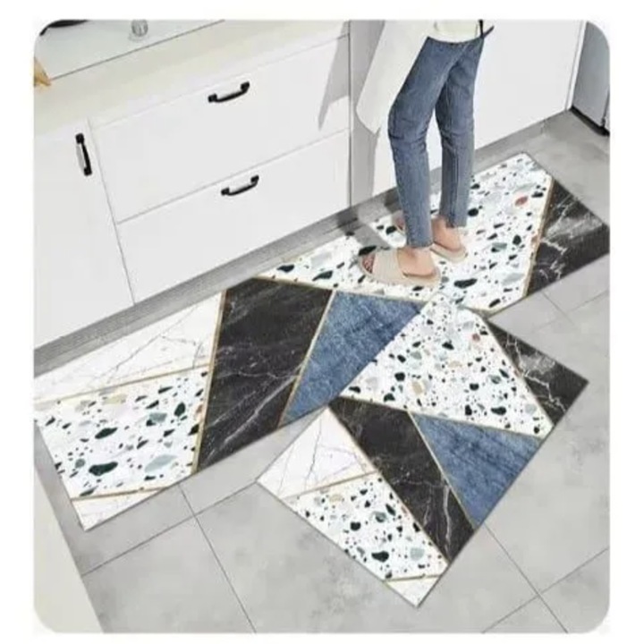 неплъзгащи се кухненски килими, 140×60 см, геометричен модел мрамор черно-бяло-синьо със златни акценти