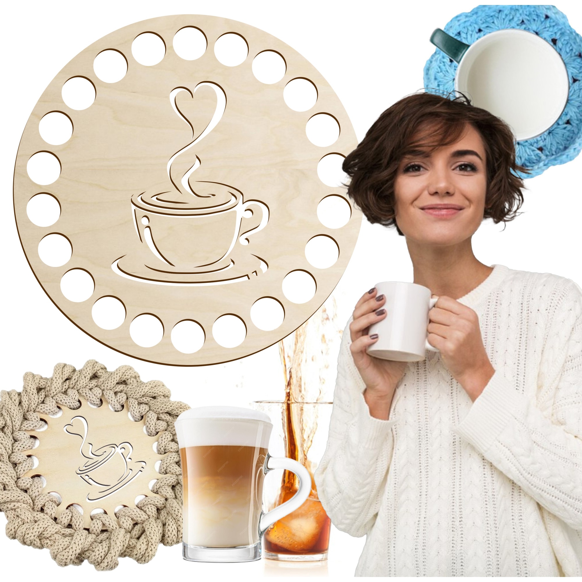 Suport bauturi din lemn, SMX Design, baza pentru crosetat, motiv cafea ...