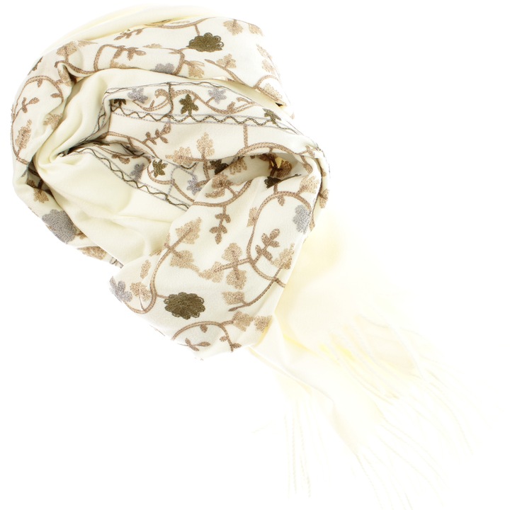 Női sál, gyapjú, Buticcochet, 70x190 cm, hímzett virágmintás, Fehér - ES3078