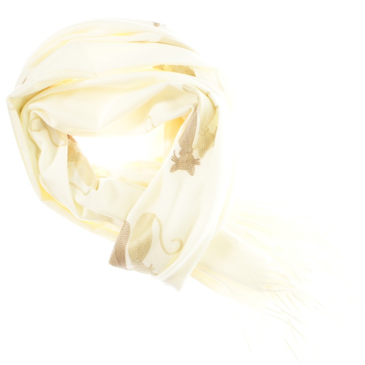 Női sál, gyapjú, Buticcochet, 70x190 cm, hímzett cicamintás, Fehér - ES3084