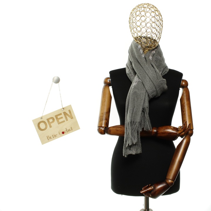 Esarfa dama, din lana, Buticcochet, 70x190 cm, model brodat, Gri - ES3094