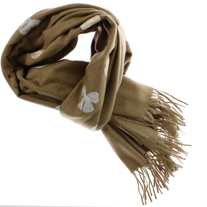 Esarfa dama, din lana, Buticcochet, 70x190 cm, model cu fundite brodate, Maro - ES3102