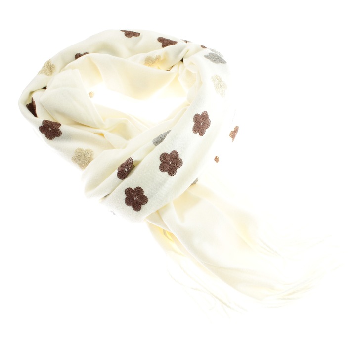 Női sál, gyapjú, Buticcochet, 70x190 cm, virágmintás, fehér - ES3111