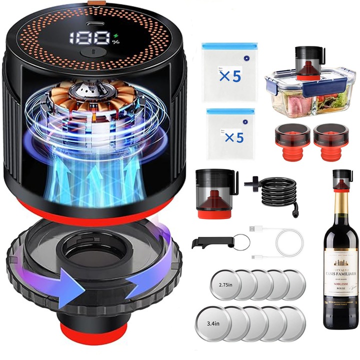 Aspirator portabil pentru oale, ecran LED, kit de etansare cu oprire automata 4 in 1, negru