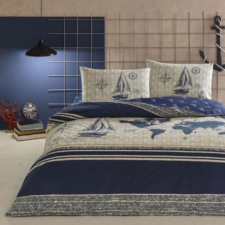 Спално бельо за двойно легло модел морски, 100% памук ранфорс, чаршаф с ластик 160x200 см, 4 части, TAC, Muna