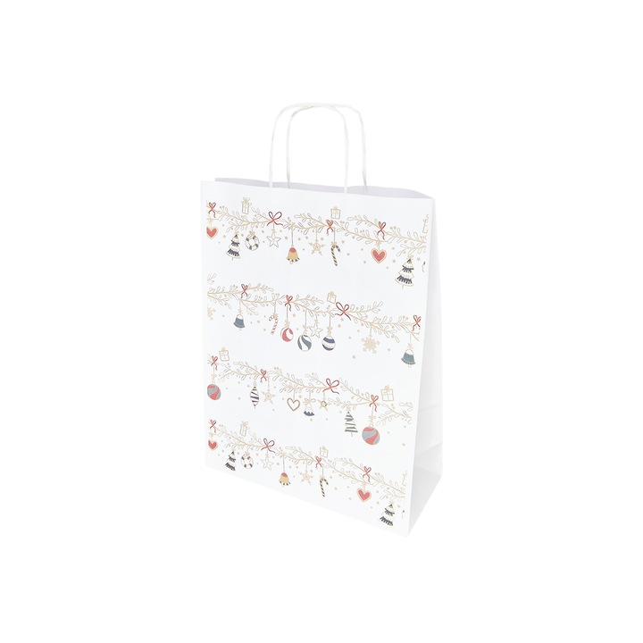 Set 10 bucati Pungi Hartie Model 6 Craciun, 24 x 31 x 10cm, kraft Alb