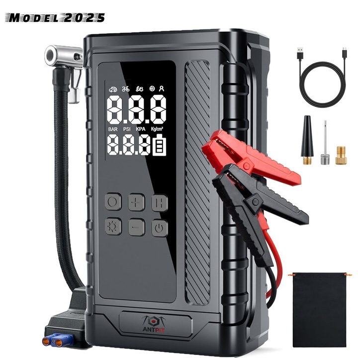 Compresor Auto si Starter Portabil ANTPiT 4 in 1, 10bar, Baterie 8000mAh, Negru, 142x82x48mm