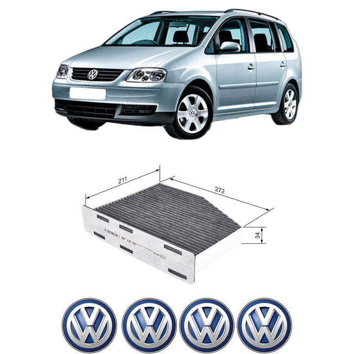 Filtru habitaclu polen Carbon Volkswagen TOURAN (1T1, 1T2) 1.6 FSI din 2003-2007 KW 85 CP 115 CMC 1598, Auto, Bosch, 4x Stickere auto cu Volkswagen